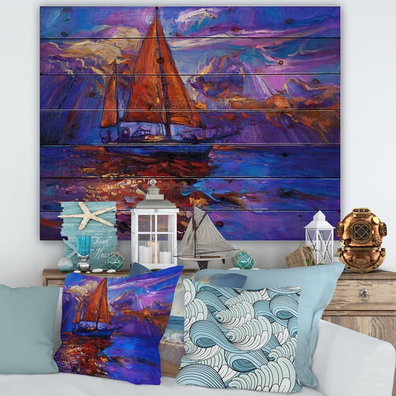 Designart 'Red Sail Ship On Purple Sunset in Blue Ocean' Nautical & Coastal Print on Natural Pine Wood