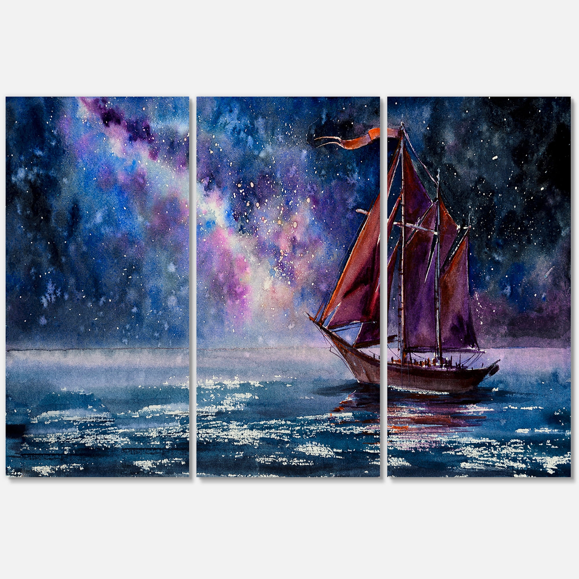 Designart ' Red Sails & Bright Night Sky With Wooden Sailboat ' Nautical & Coastal Canvas Wall Art Print