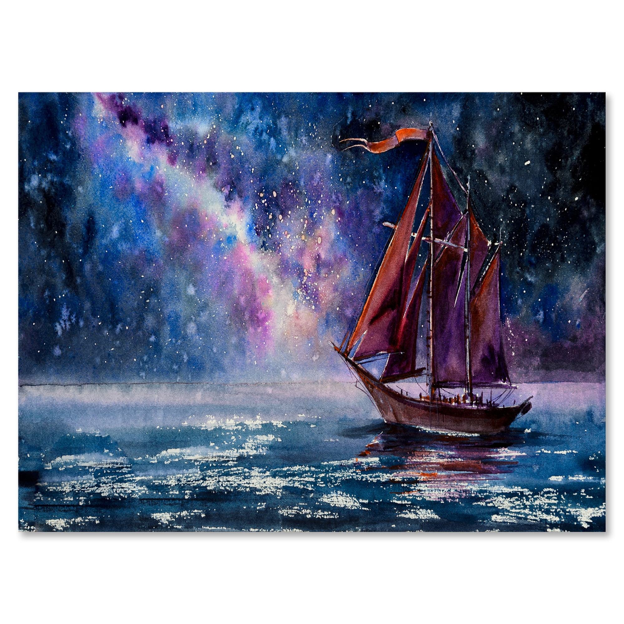 Designart ' Red Sails & Bright Night Sky With Wooden Sailboat ' Nautical & Coastal Canvas Wall Art Print