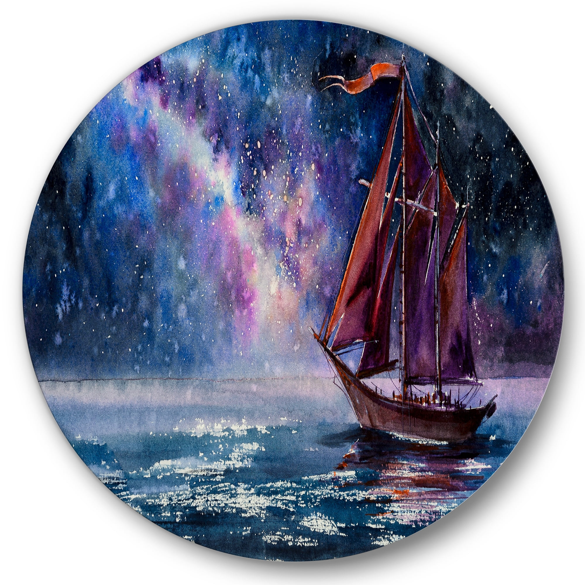 Designart 'Red Sails & Bright Night Sky With Wooden Sailboat' Nautical & Coastal Circle Metal Wall Art 29x29 - Disc of 29