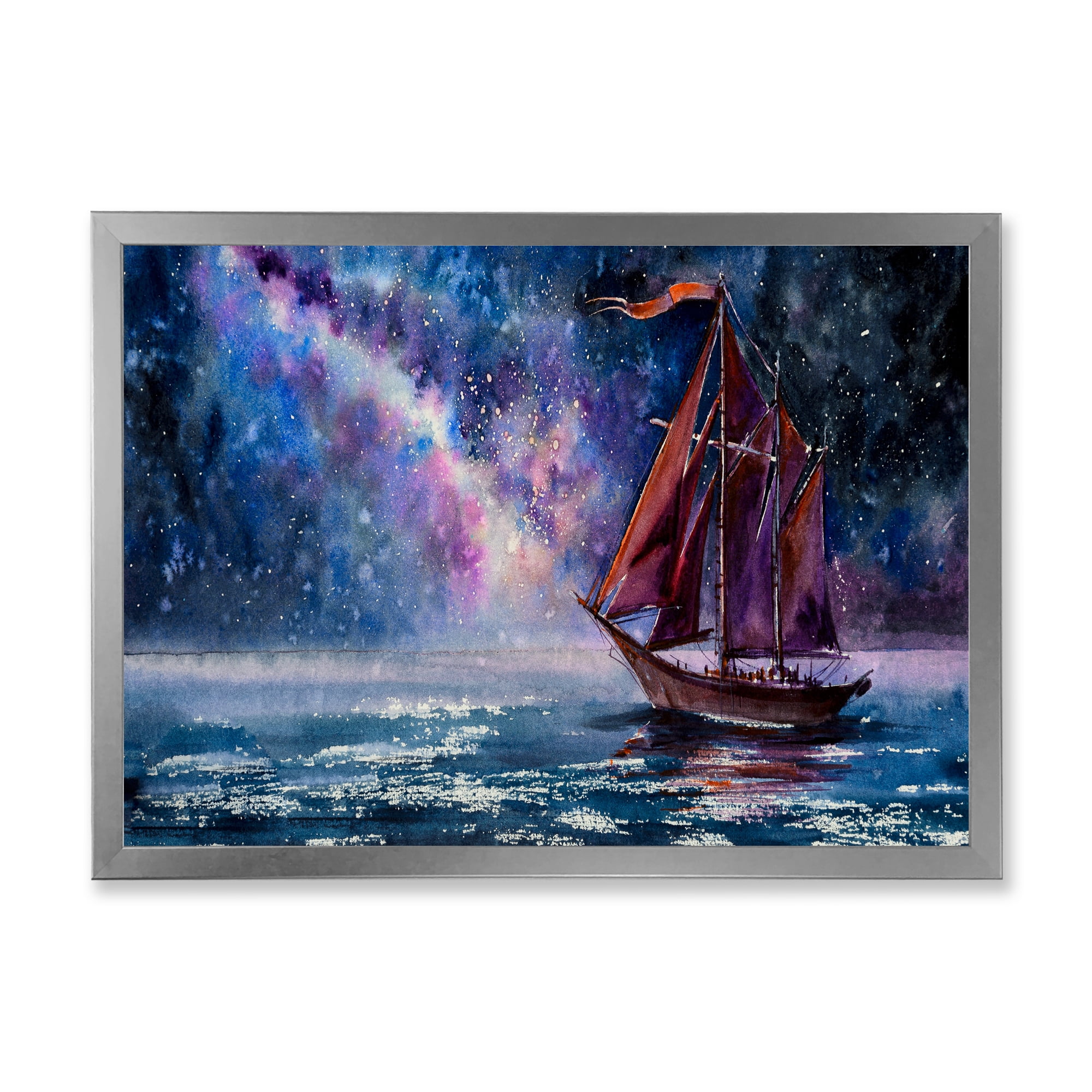 Designart 'Red Sails & Bright Night Sky With Wooden Sailboat' Nautical & Coastal Framed Art Print