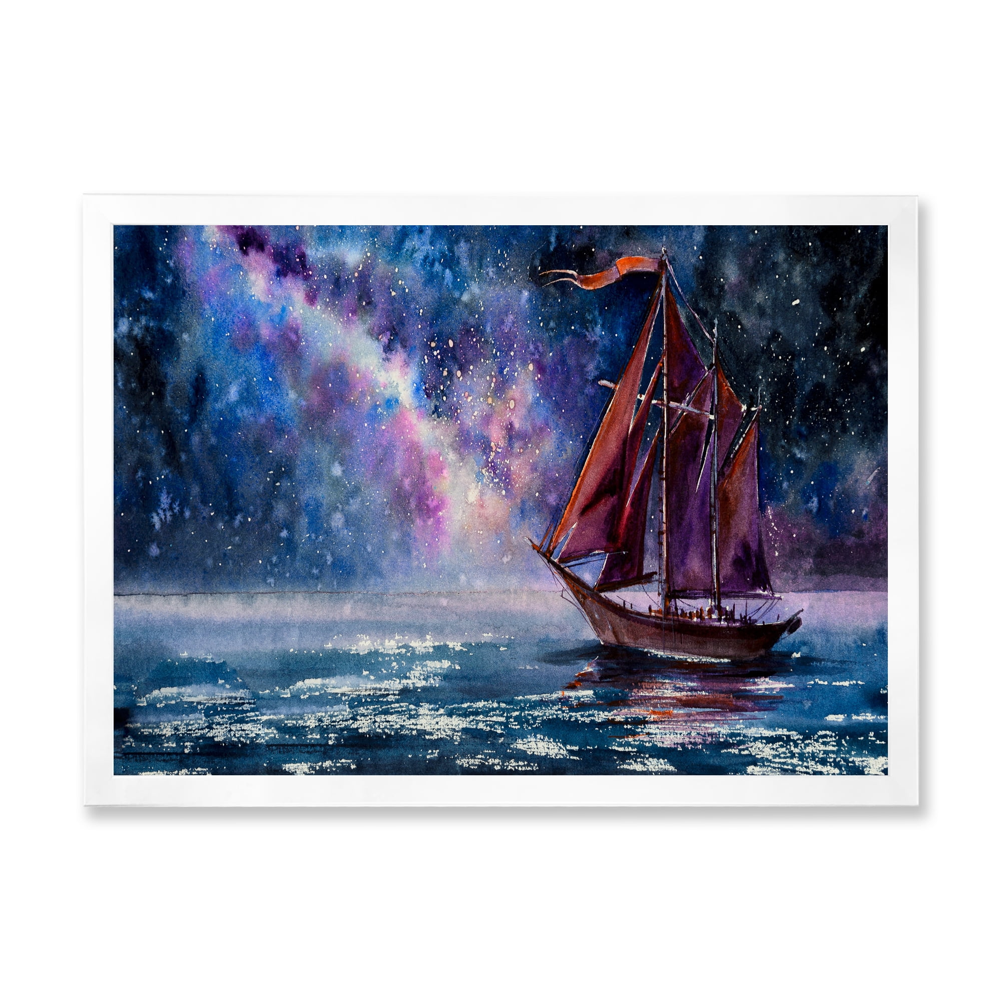 Designart 'Red Sails & Bright Night Sky With Wooden Sailboat' Nautical & Coastal Framed Art Print