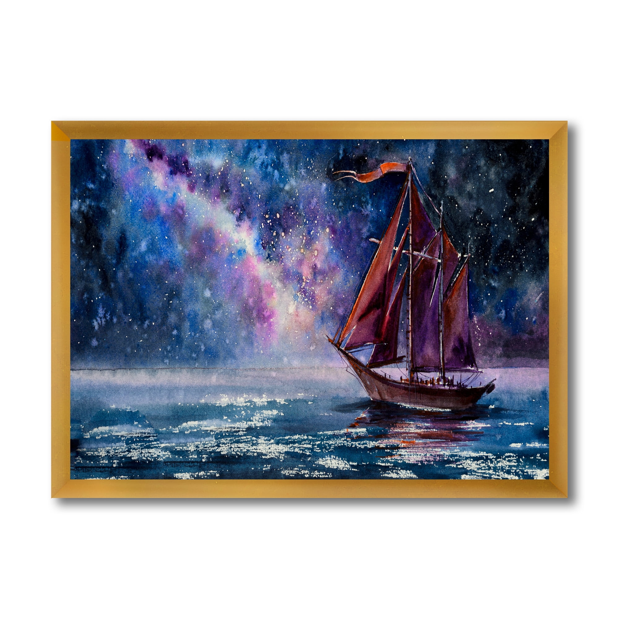 Designart 'Red Sails & Bright Night Sky With Wooden Sailboat' Nautical & Coastal Framed Art Print