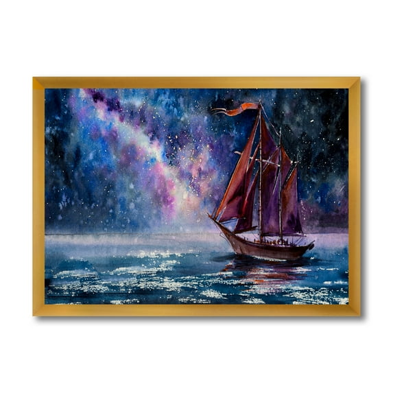 Designart 'Red Sails & Bright Night Sky With Wooden Sailboat' Nautical & Coastal Framed Art Print