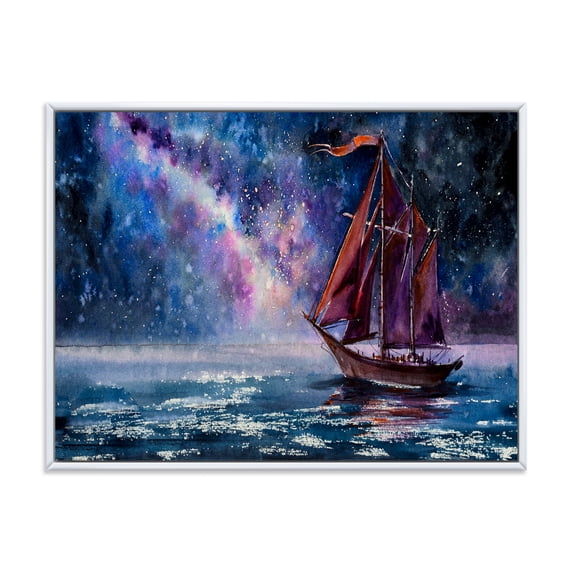 Designart 'Red Sails & Bright Night Sky With Wooden Sailboat' Nautical & Coastal Framed Canvas Wall Art Print