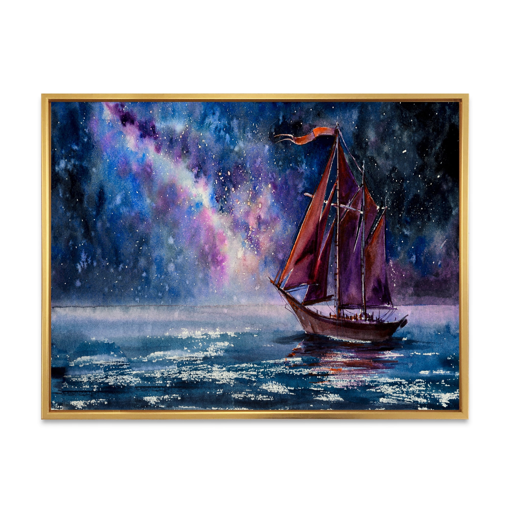 Designart 'Red Sails & Bright Night Sky With Wooden Sailboat' Nautical & Coastal Framed Canvas Wall Art Print