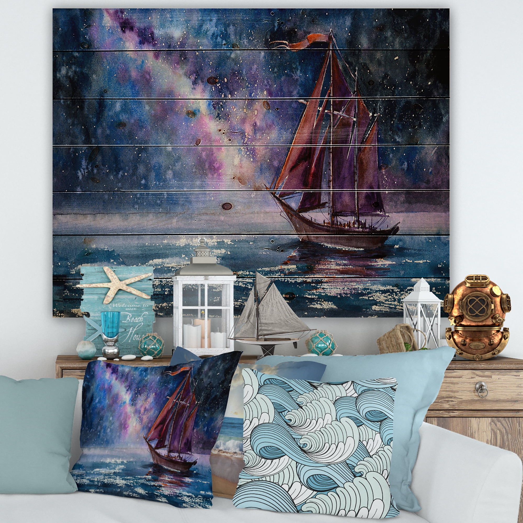 Designart 'Red Sails & Bright Night Sky With Wooden Sailboat' Nautical & Coastal Print on Natural Pine Wood
