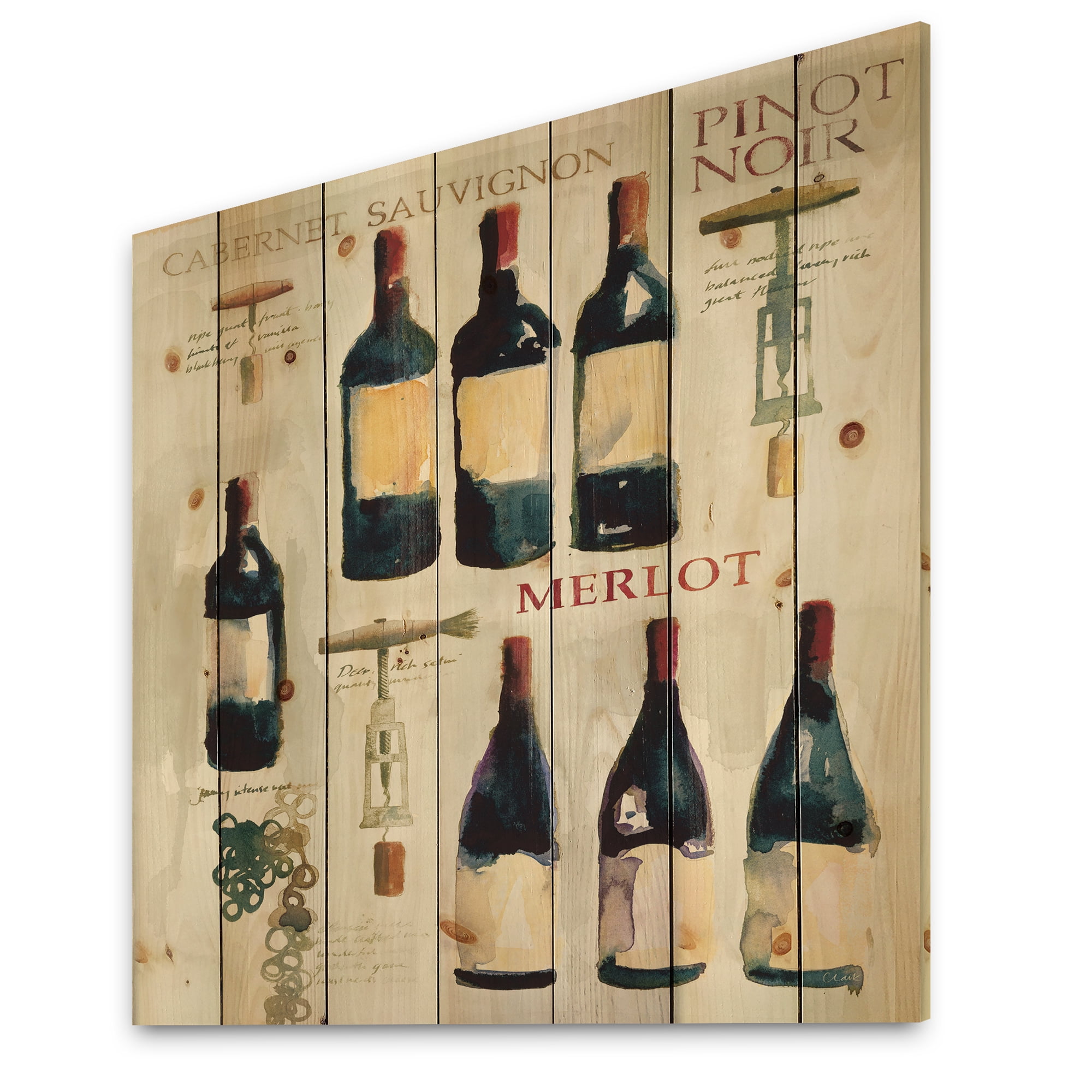 Designart 'Red Sauvignon Wine Collage' Food and Beverage Print on Natural Pine Wood