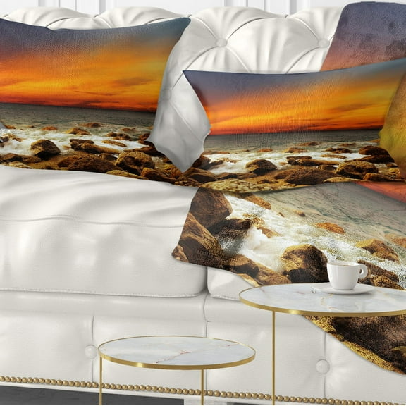 Designart Red Sky over Rocky Seashore - Beach Photography Throw Pillow - 12x20