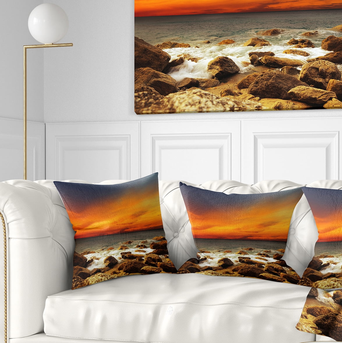 Designart Red Sky over Rocky Seashore - Beach Photography Throw Pillow - 18x18