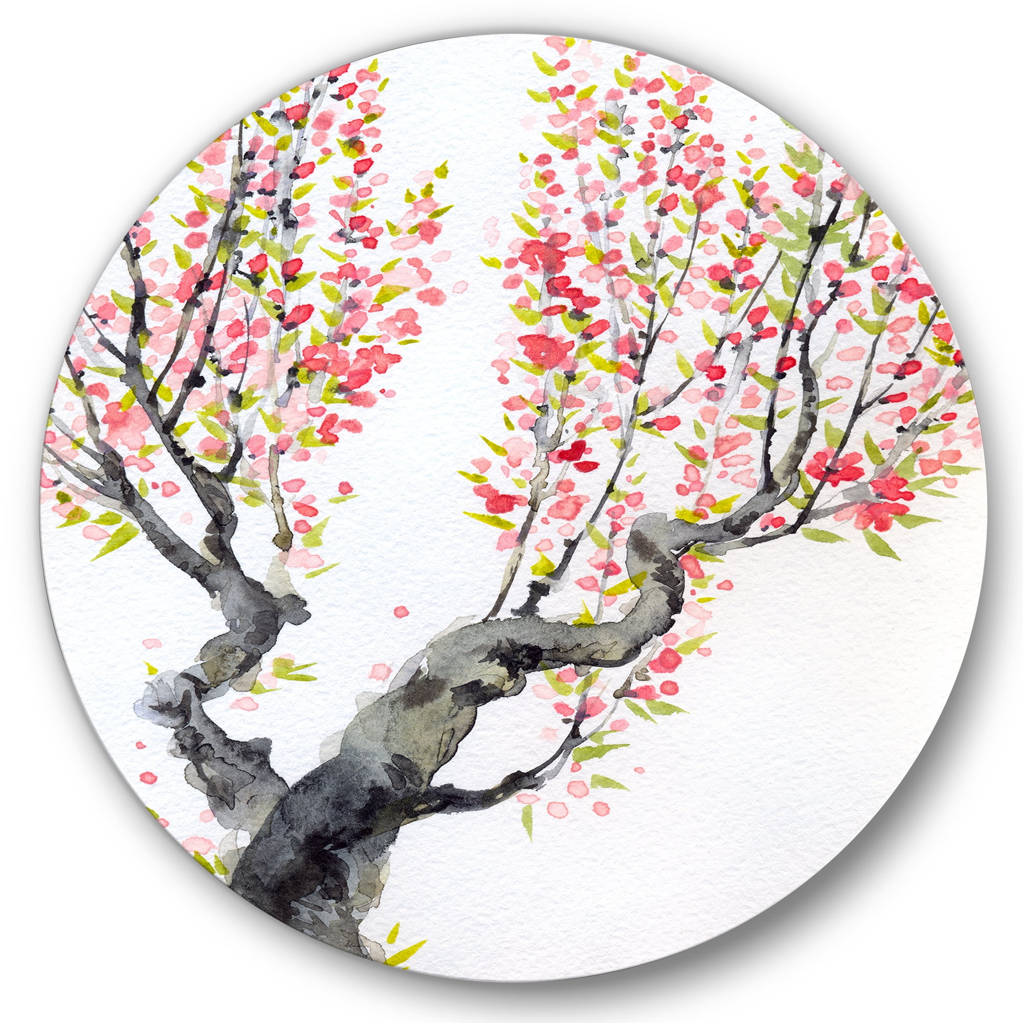 Designart 'Red Spring Flowers On Tree Branches' Traditional Circle Metal Wall Art 29x29 - Disc of 29