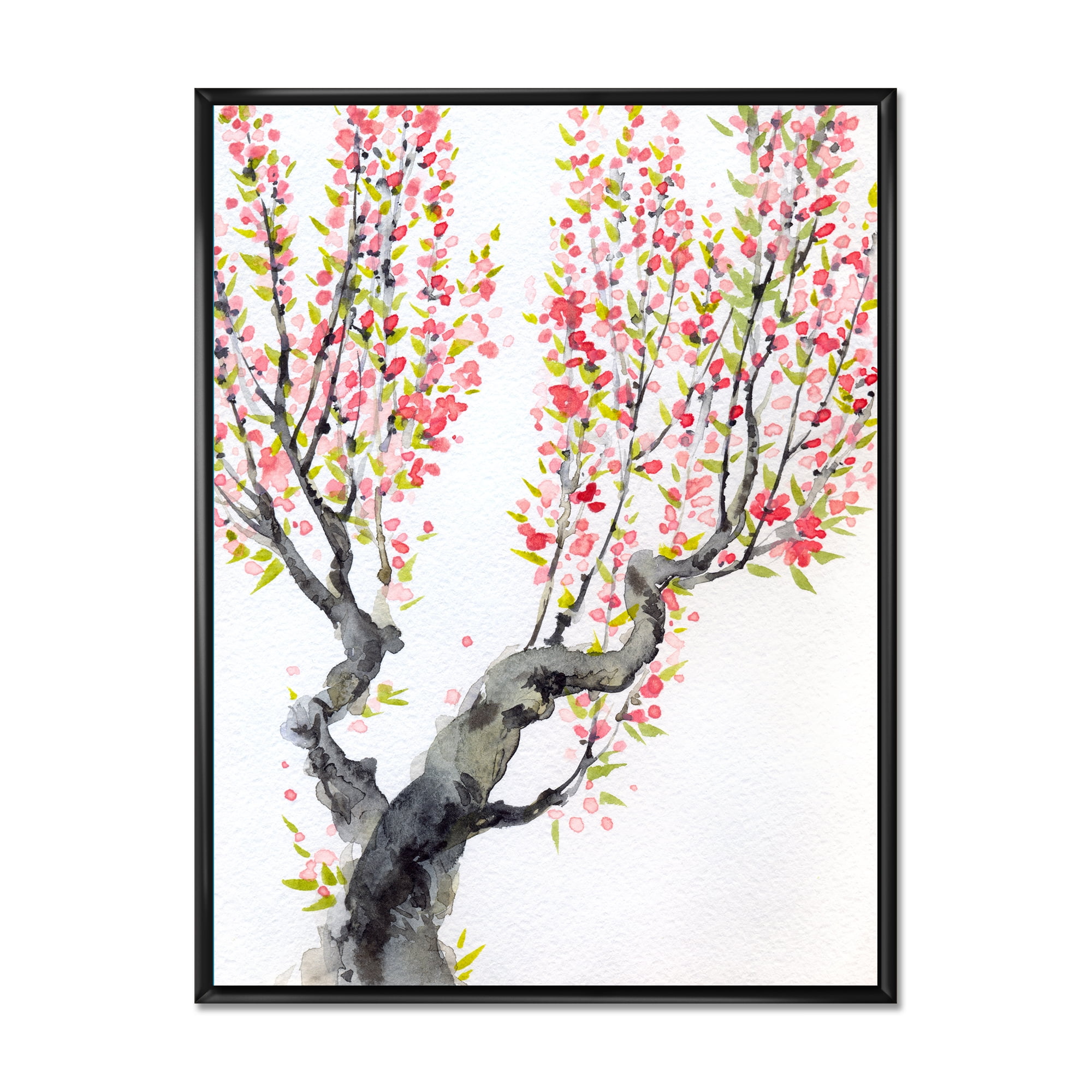 Designart 'Red Spring Flowers On Tree Branches' Traditional Framed Canvas Wall Art Print
