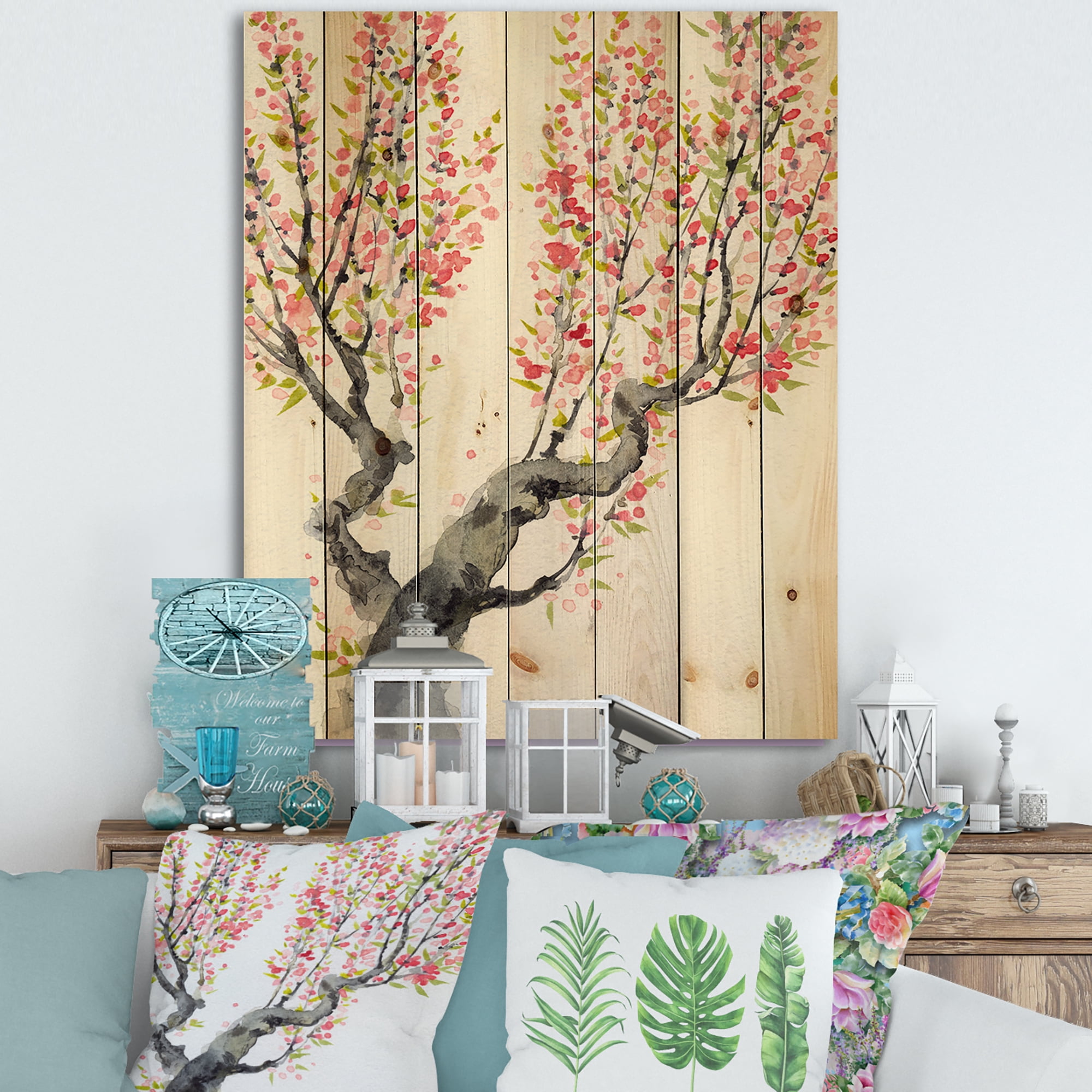 Designart 'Red Spring Flowers On Tree Branches' Traditional Print on Natural Pine Wood