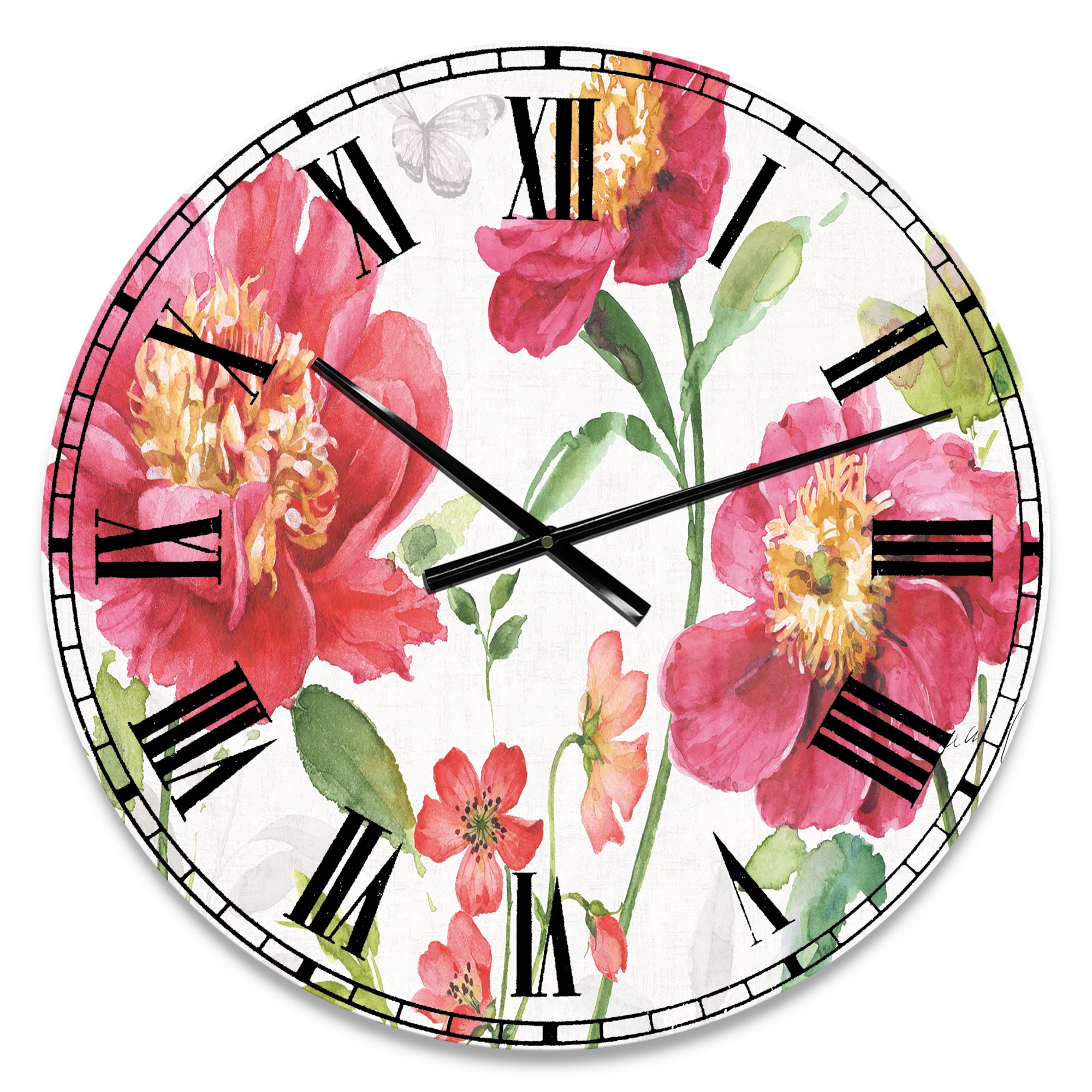 Designart 'Red Springflowers and Handpainted Butterfly' Traditional Wall Clock