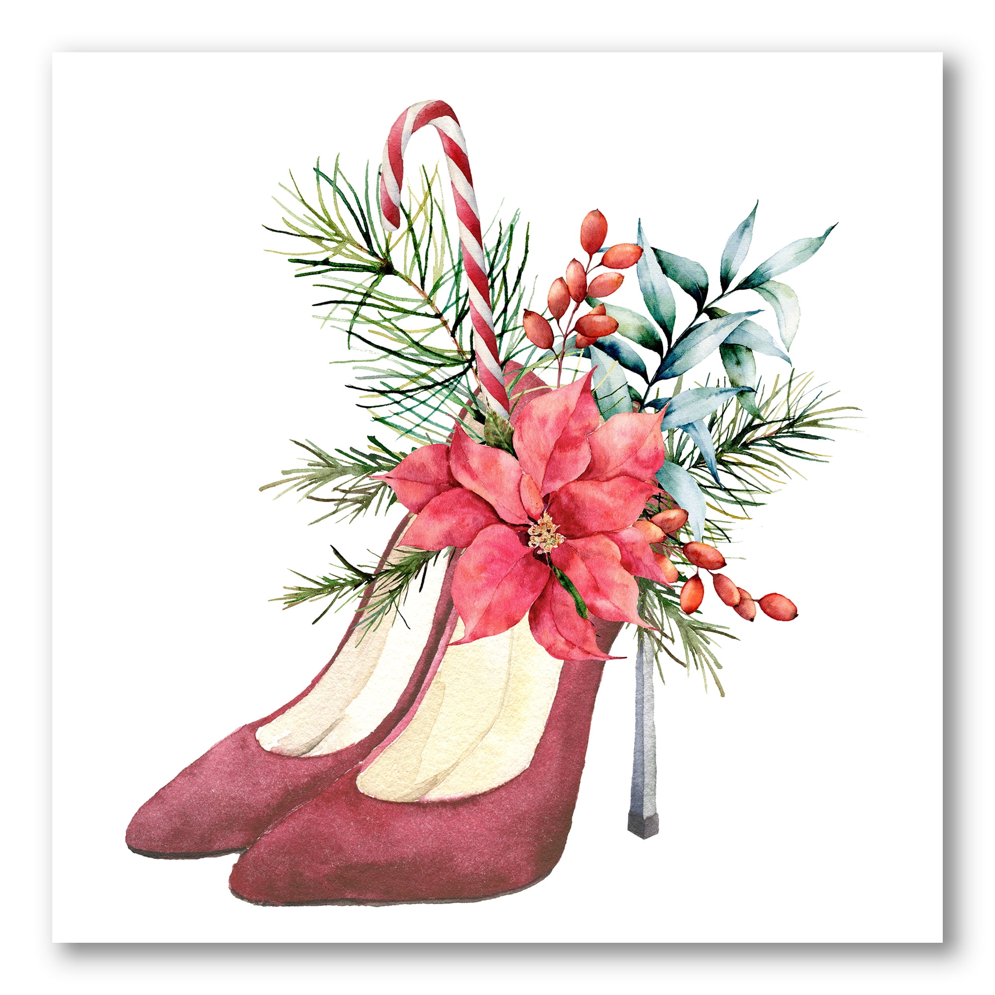 Designart ' Red Suede Heeled Shoes With Christmas Red Floral Decor ' Traditional Canvas Wall Art Print