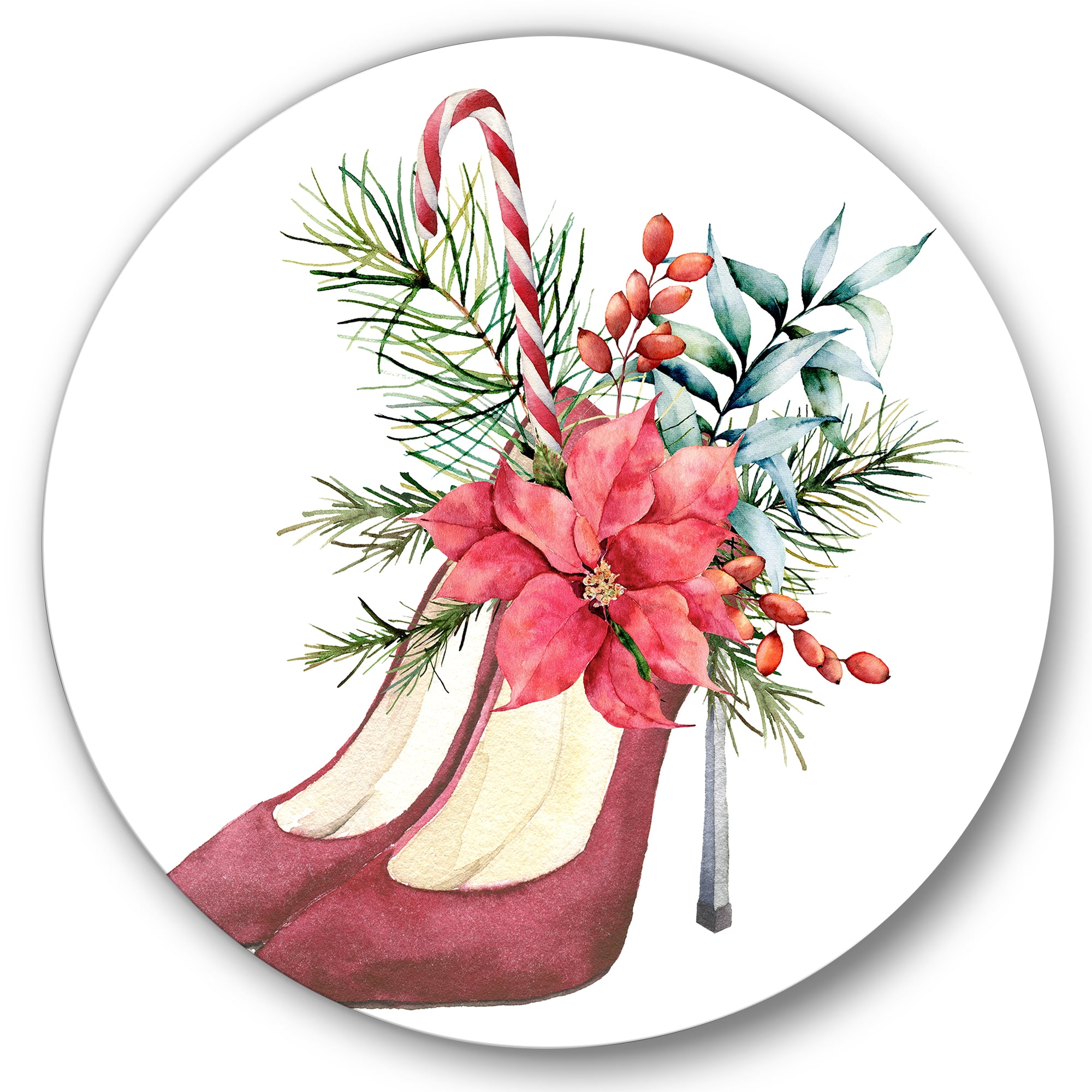 Designart 'Red Suede Heeled Shoes With Christmas Red Floral Decor' Traditional Circle Metal Wall Art 29x29 - Disc of 29