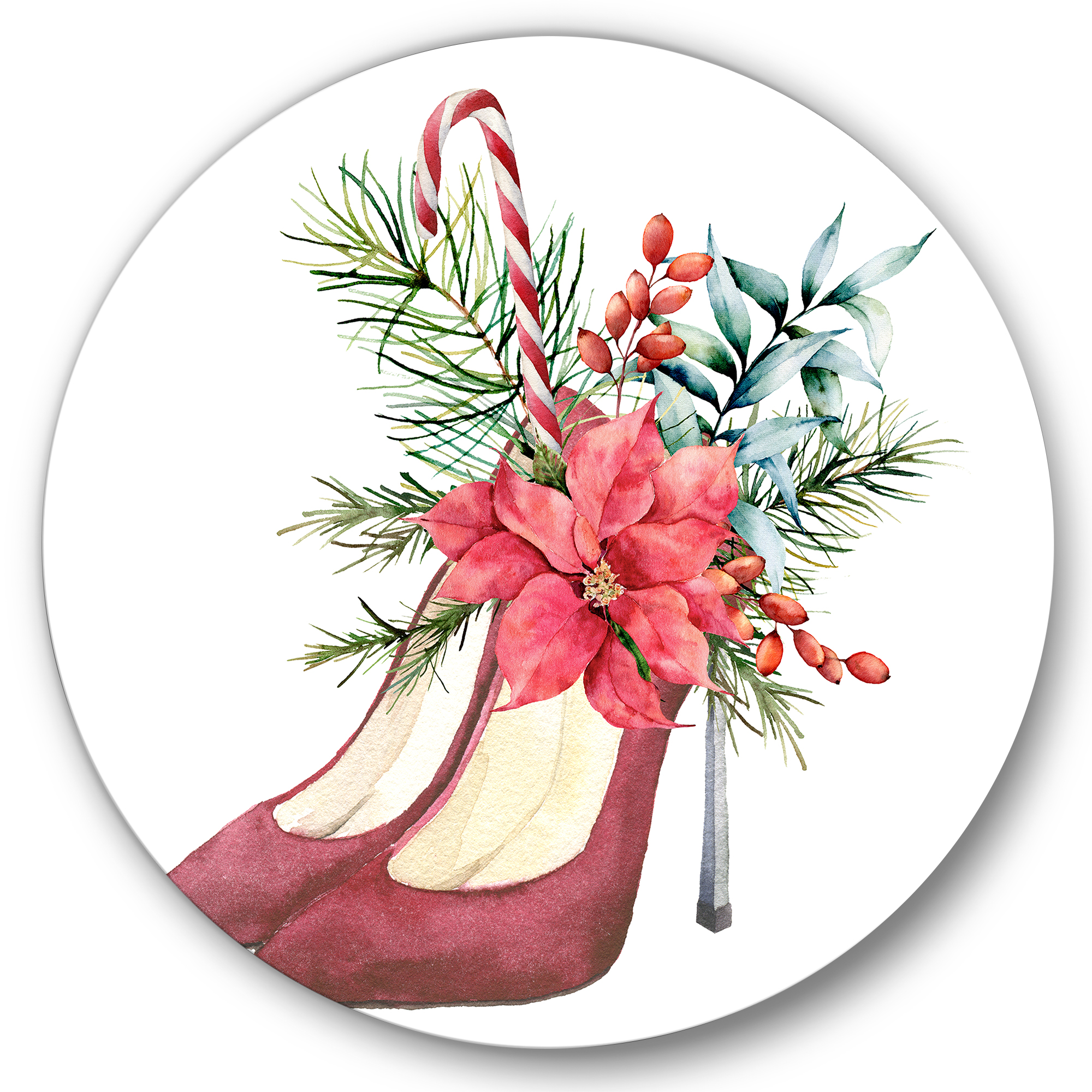 Designart 'Red Suede Heeled Shoes With Christmas Red Floral Decor' Traditional Circle Metal Wall Art 36x36 - Disc of 36