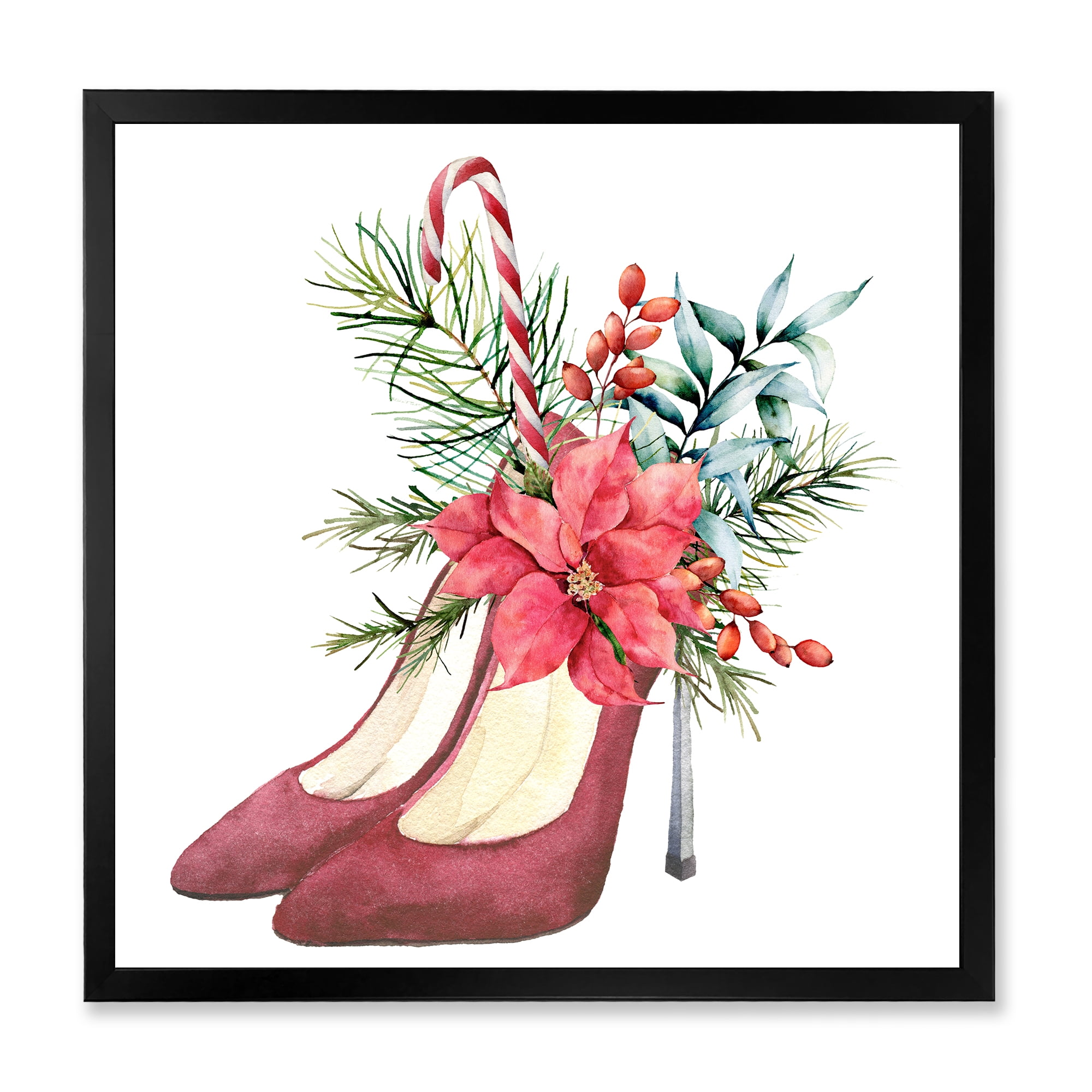 Designart 'Red Suede Heeled Shoes With Christmas Red Floral Decor' Traditional Framed Art Print