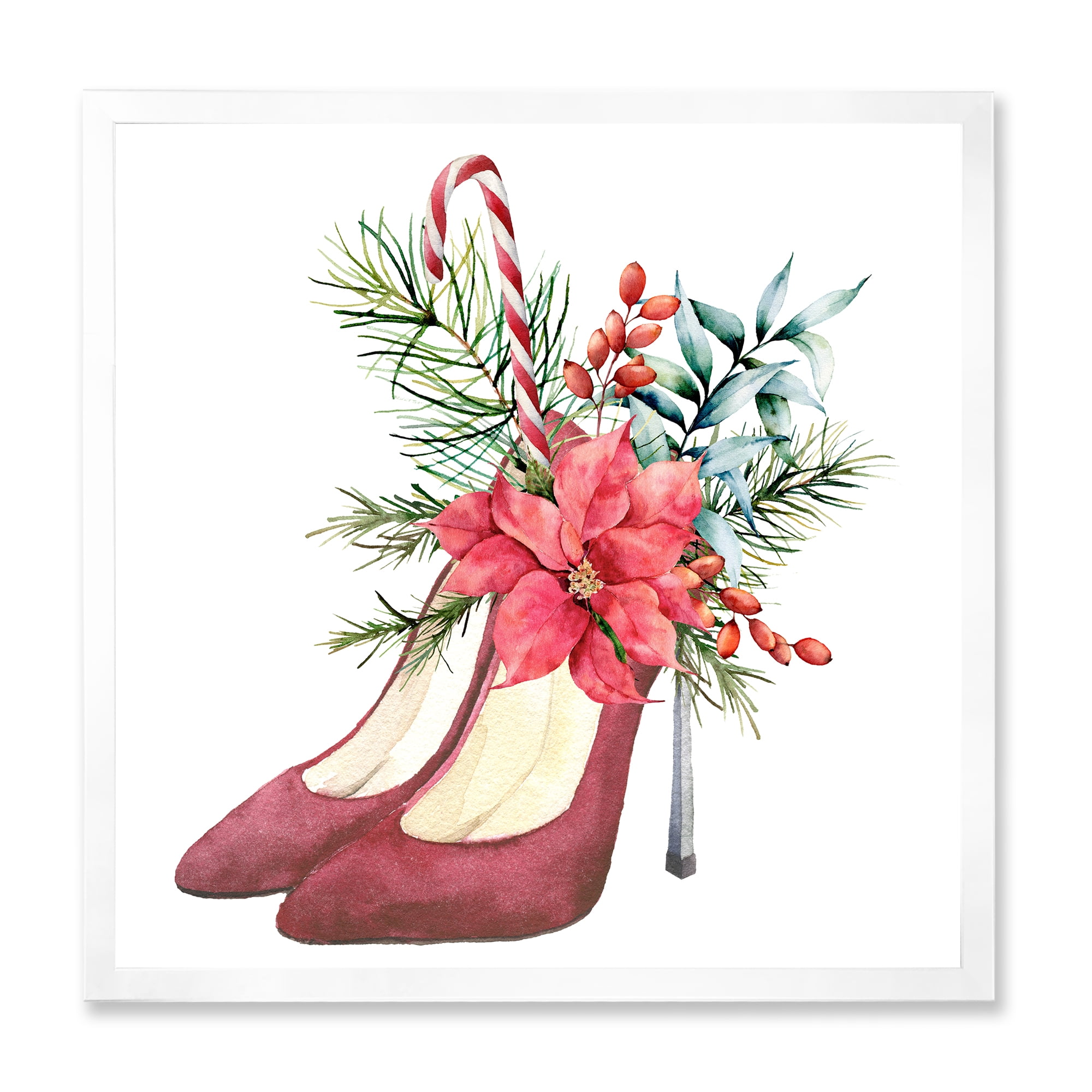 Designart 'Red Suede Heeled Shoes With Christmas Red Floral Decor' Traditional Framed Art Print