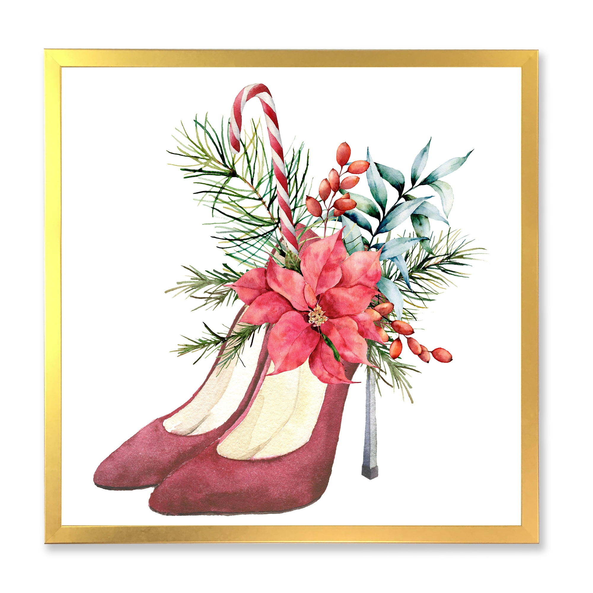 Designart 'Red Suede Heeled Shoes With Christmas Red Floral Decor' Traditional Framed Art Print