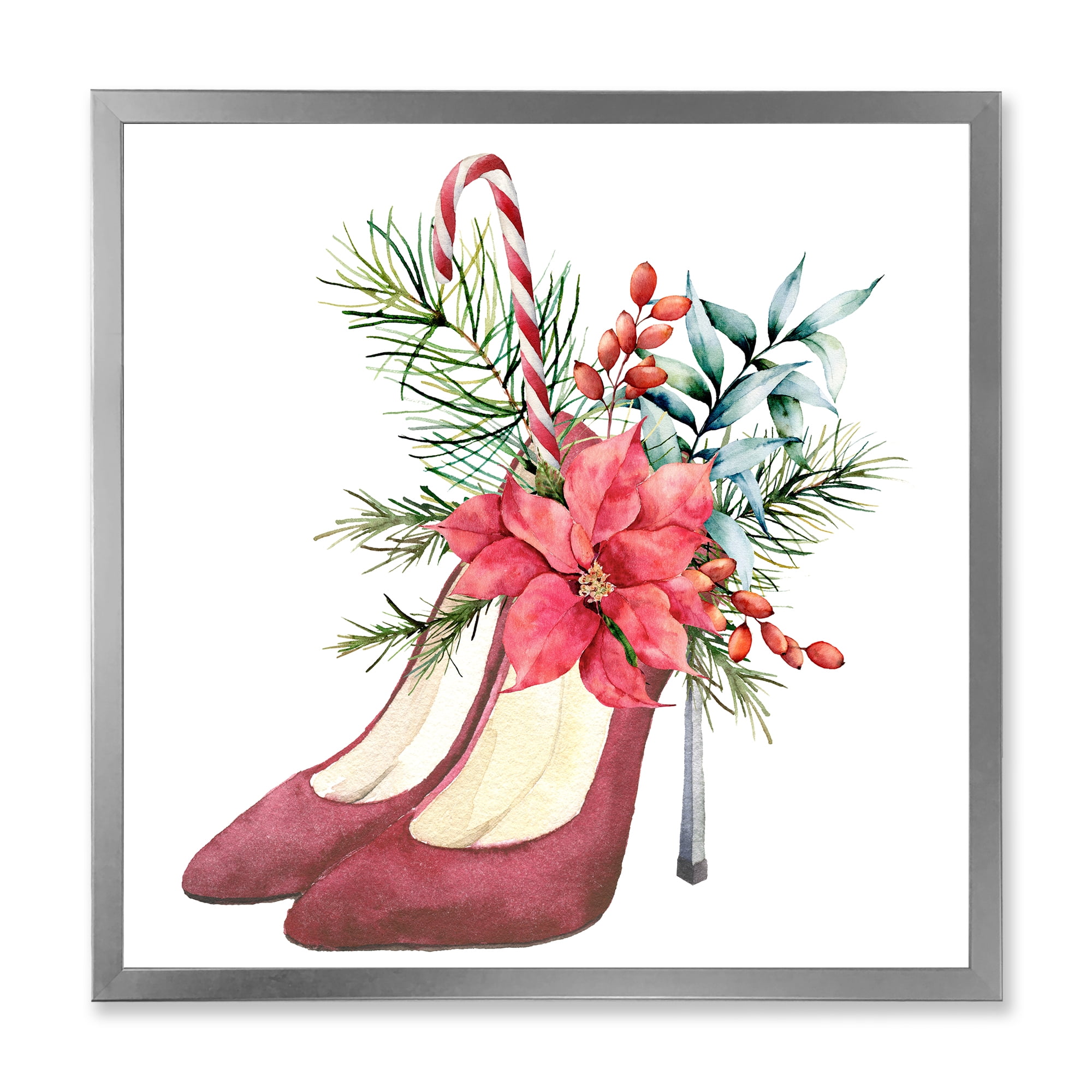 Designart 'Red Suede Heeled Shoes With Christmas Red Floral Decor' Traditional Framed Art Print