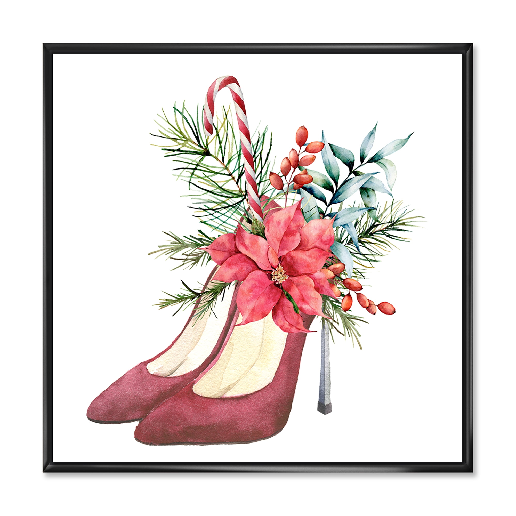 Designart 'Red Suede Heeled Shoes With Christmas Red Floral Decor' Traditional Framed Canvas Wall Art Print