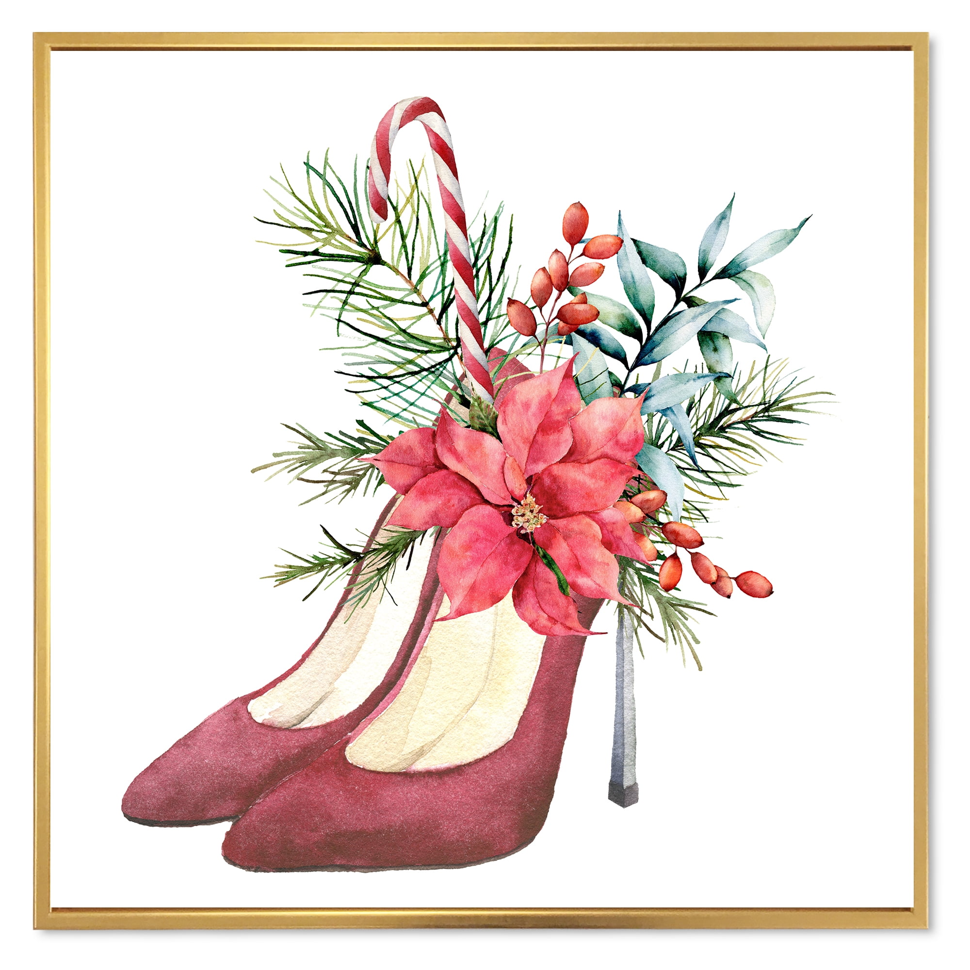 Designart 'Red Suede Heeled Shoes With Christmas Red Floral Decor' Traditional Framed Canvas Wall Art Print