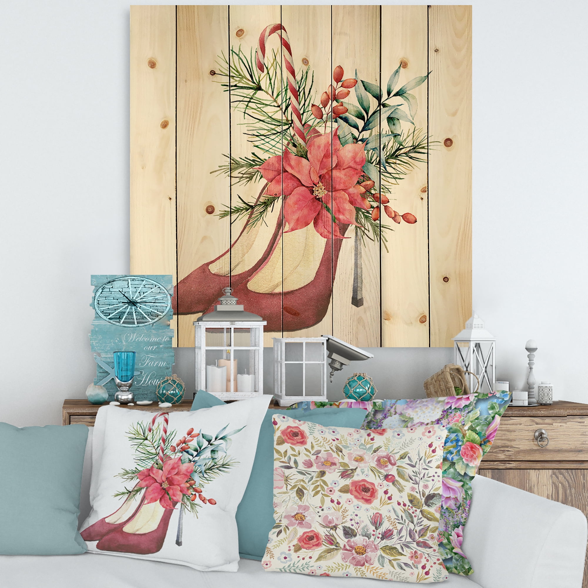 Designart 'Red Suede Heeled Shoes With Christmas Red Floral Decor' Traditional Print on Natural Pine Wood