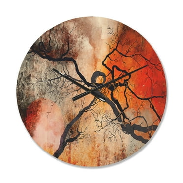 Designart 'Red Sun With Surrealistic Trees' Modern Wood Wall Clock