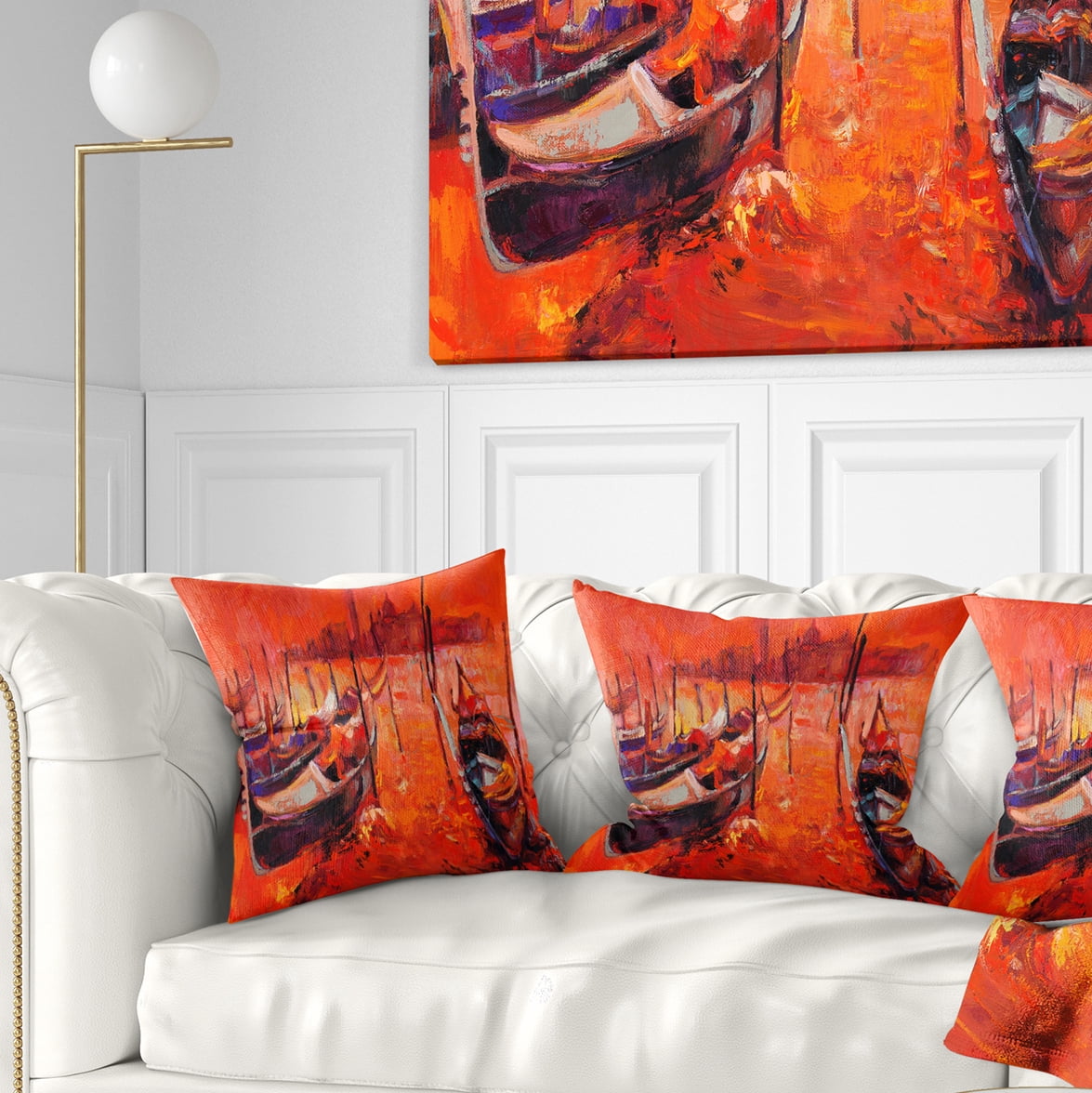 Designart Red Sunset over Venice - Landscape Painting Throw Pillow - 18x18