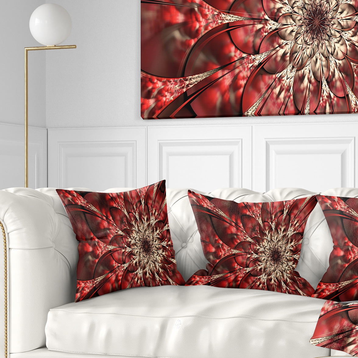 Designart Red Symmetrical Flowers Pattern - Floral Throw Pillow - 16x16