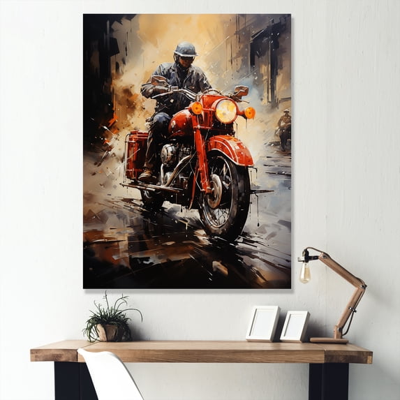 Designart "Red Thunder On The Dirt Bike" Motorcycle Canvas Art Print