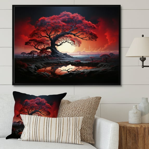 Designart "Red Tree Silhouette Euphony I" Landscape Trees Floater Framed Canvas Wall Art