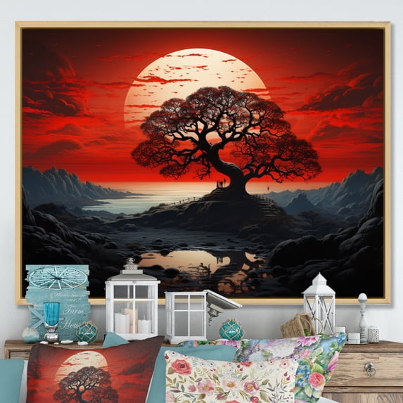 Designart "Red Tree Silhouette Euphony II" Landscape Trees Floater Framed Wall Art Print