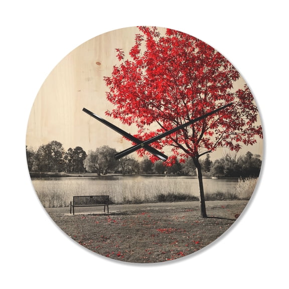 Designart 'Red Tree over Monochrome Park Bench' Modern Wood Wall Clock