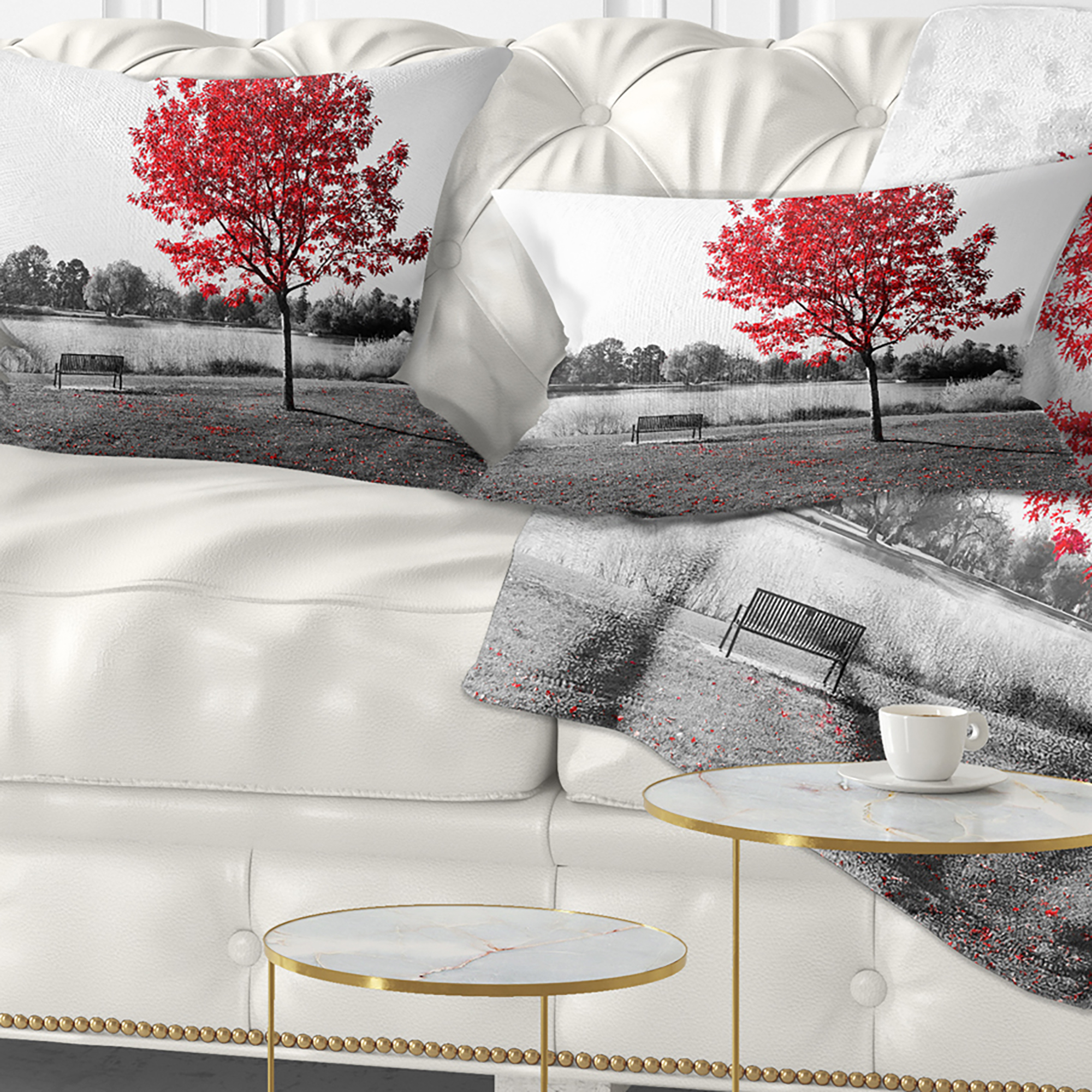Designart Red Tree over Park Bench - Landscape Printed Throw Pillow - 12x20