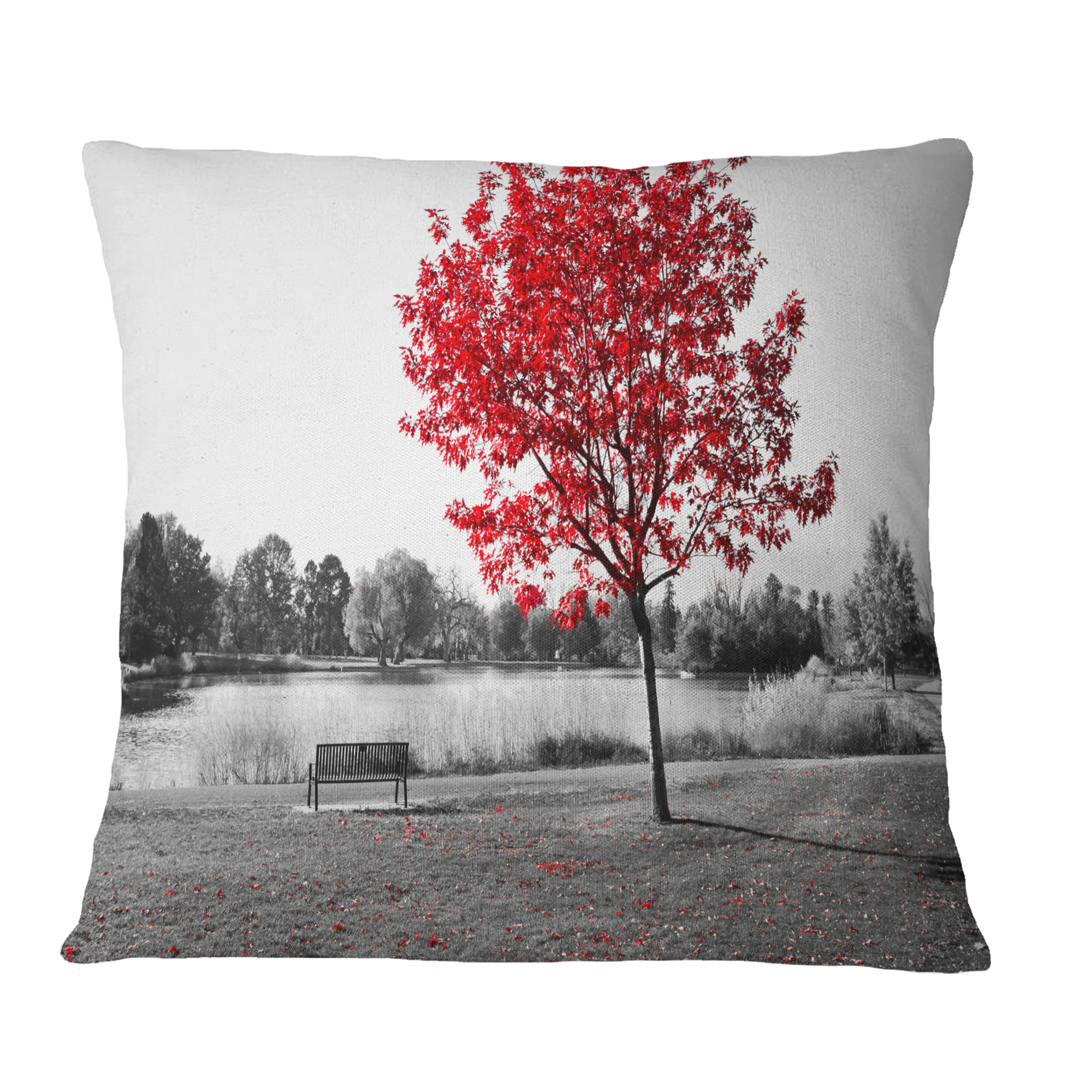 Designart Red Tree over Park Bench - Landscape Printed Throw Pillow - 16x16