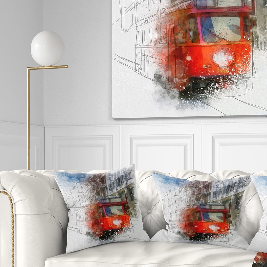 Designart Red Trolley Car Watercolor Sketch - Cityscape Throw Pillow - 16x16