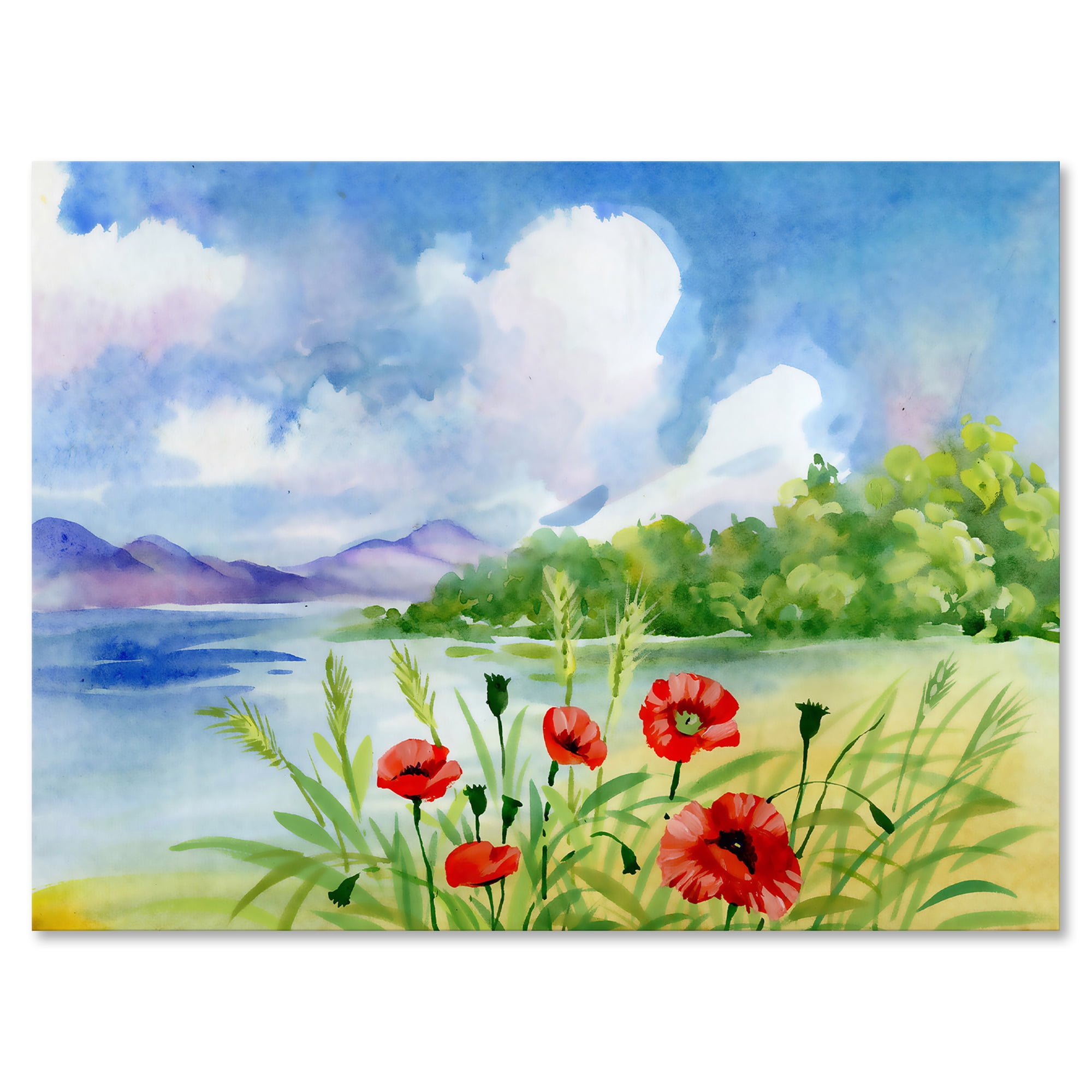 Designart ' Red Tulips On The Bank Near A River Mountain ' Lake House Canvas Wall Art Print