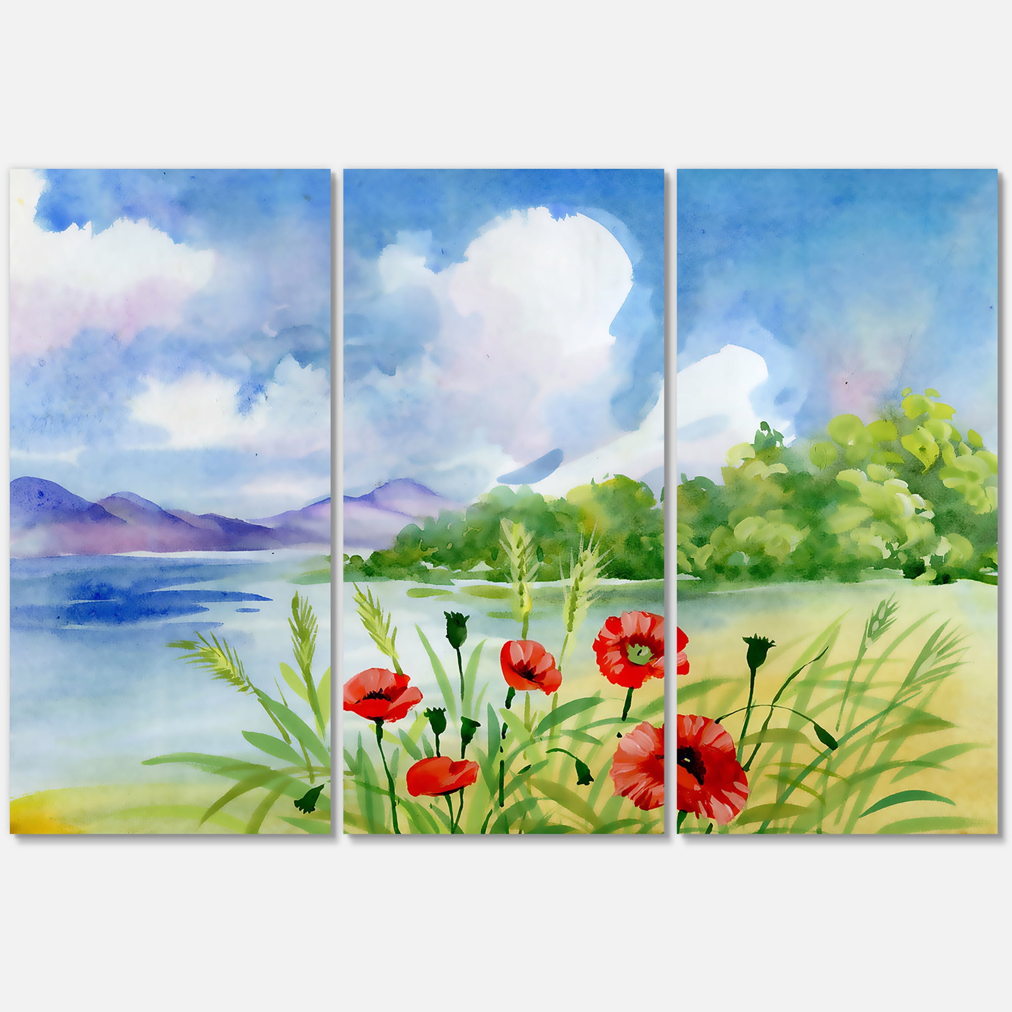 Designart ' Red Tulips On The Bank Near A River Mountain ' Lake House Canvas Wall Art Print
