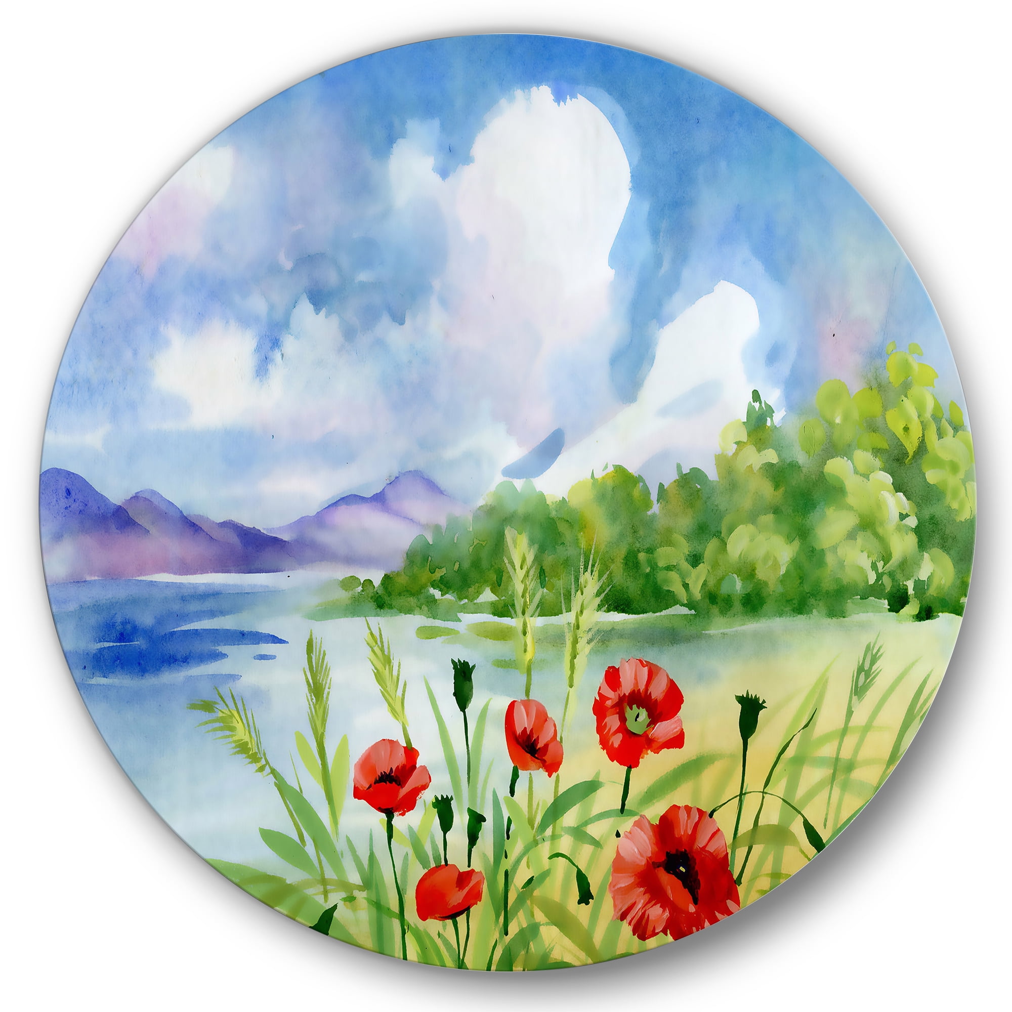 Designart 'Red Tulips On The Bank Near A River Mountain' Lake House Circle Metal Wall Art 29x29 - Disc of 29