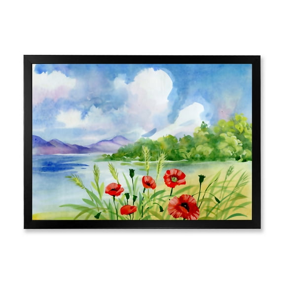 Designart 'Red Tulips On The Bank Near A River Mountain' Lake House Framed Art Print