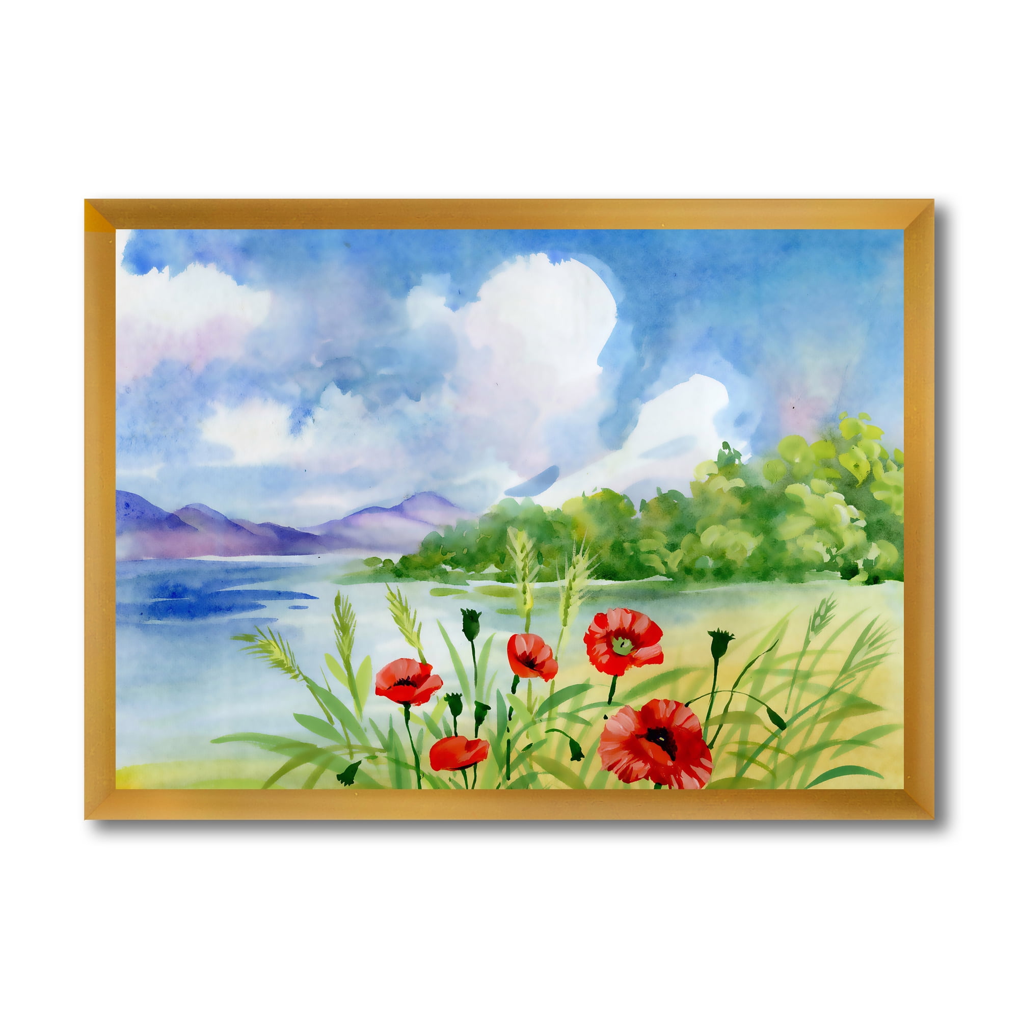 Designart 'Red Tulips On The Bank Near A River Mountain' Lake House Framed Art Print