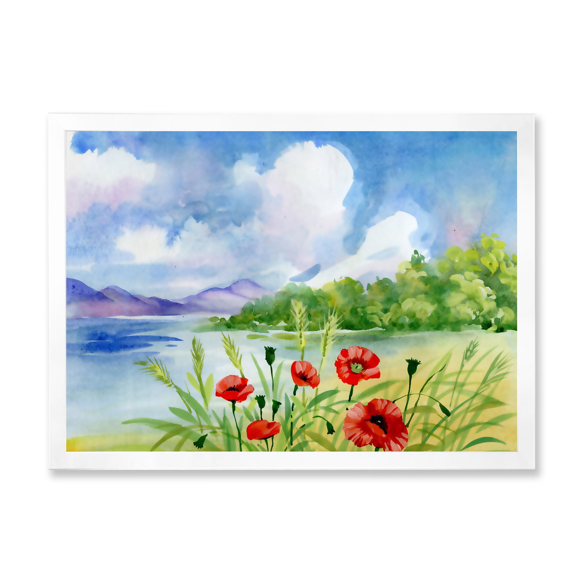 Designart 'Red Tulips On The Bank Near A River Mountain' Lake House Framed Art Print