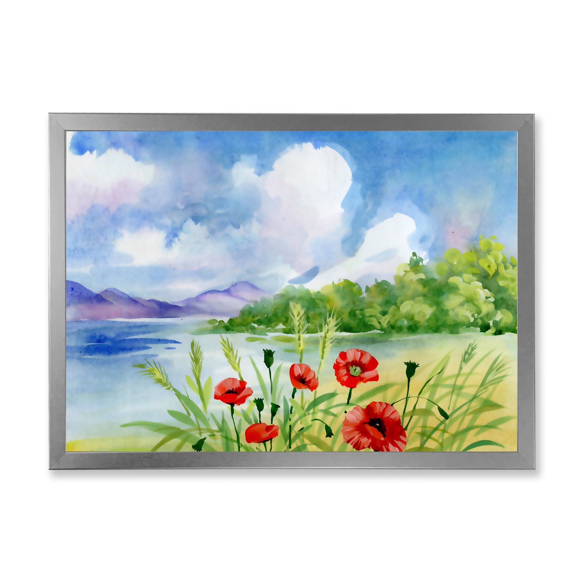 Designart 'Red Tulips On The Bank Near A River Mountain' Lake House Framed Art Print
