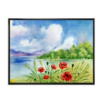 Designart 'Red Tulips On The Bank Near A River Mountain' Lake House Framed Canvas Wall Art Print