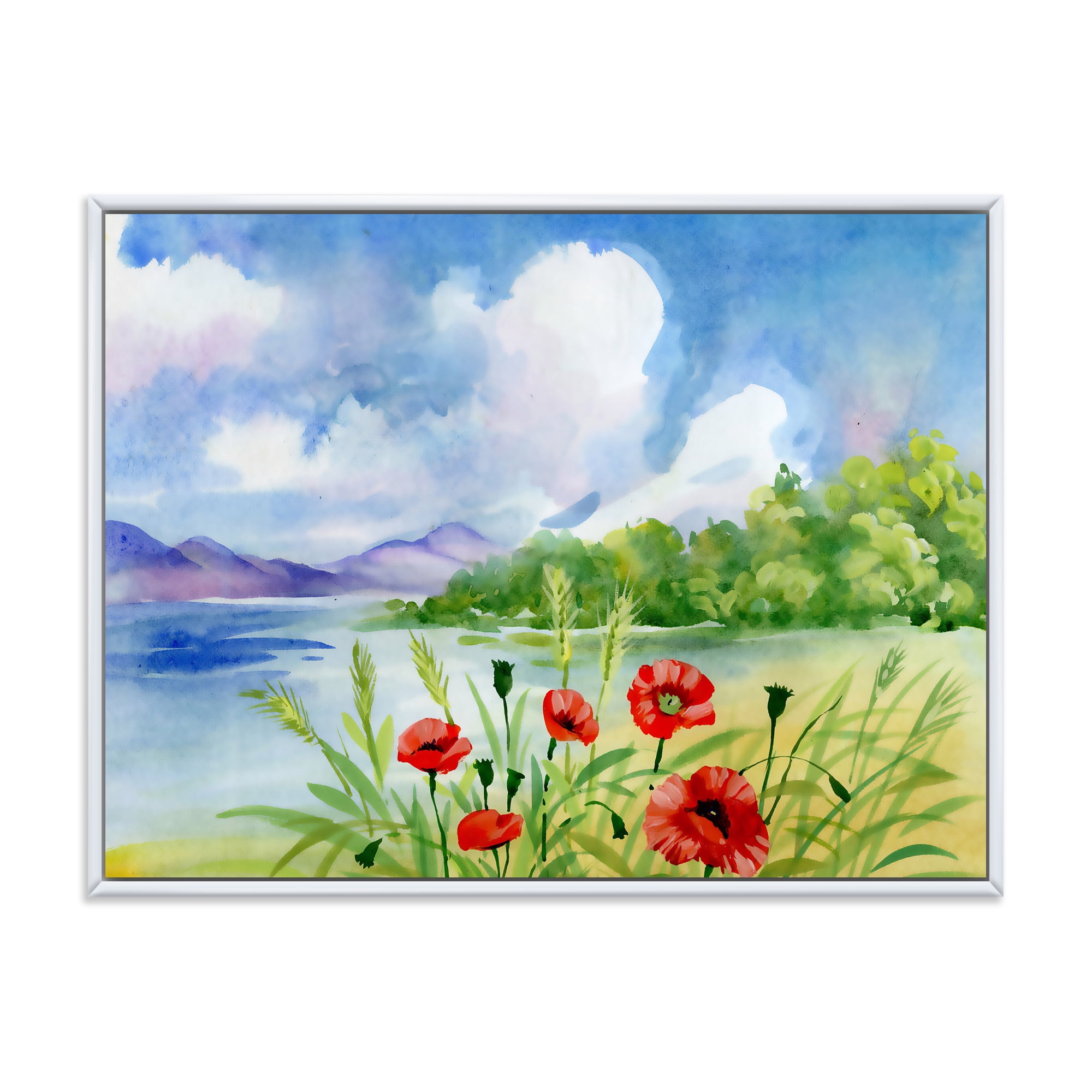 Designart 'Red Tulips On The Bank Near A River Mountain' Lake House Framed Canvas Wall Art Print