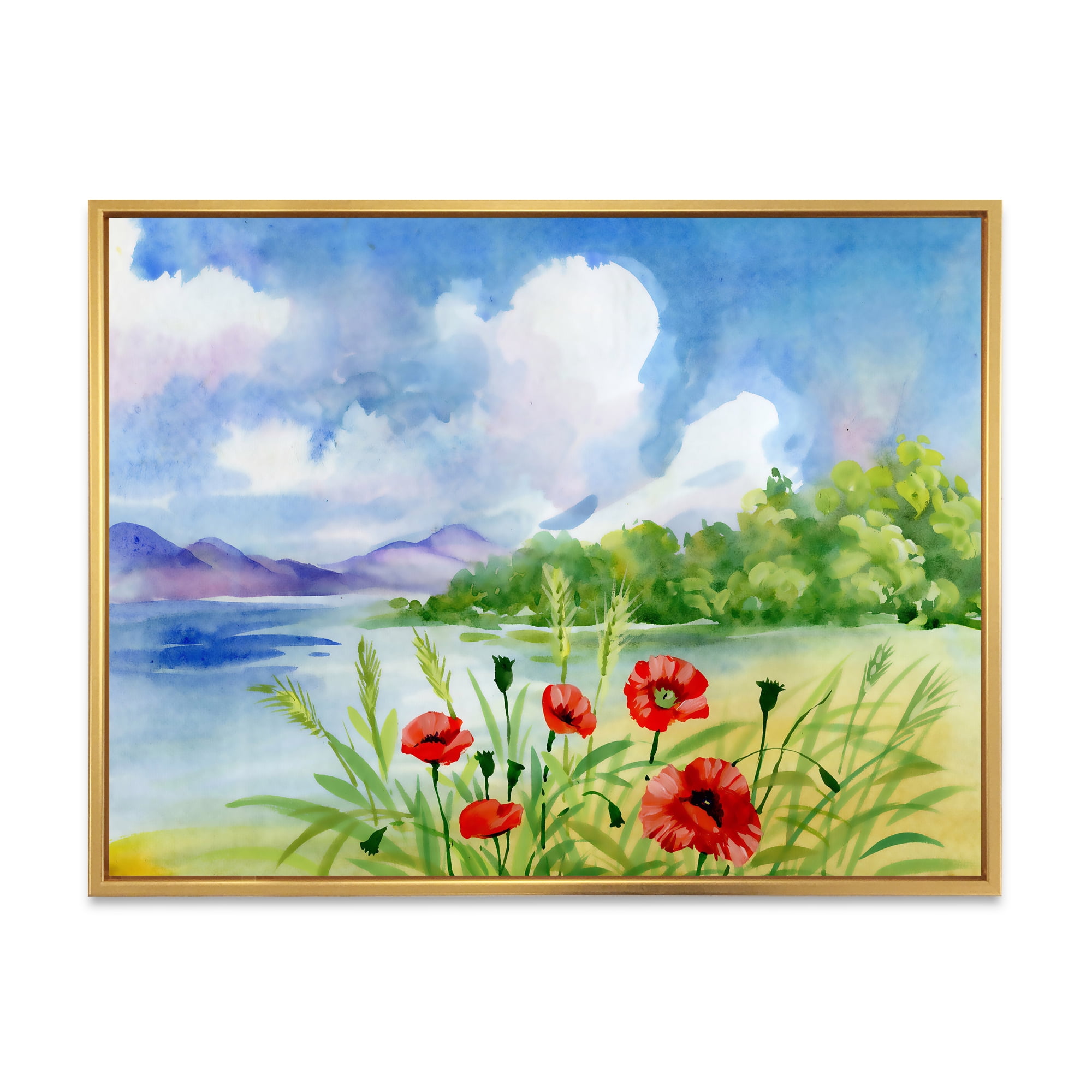 Designart 'Red Tulips On The Bank Near A River Mountain' Lake House Framed Canvas Wall Art Print