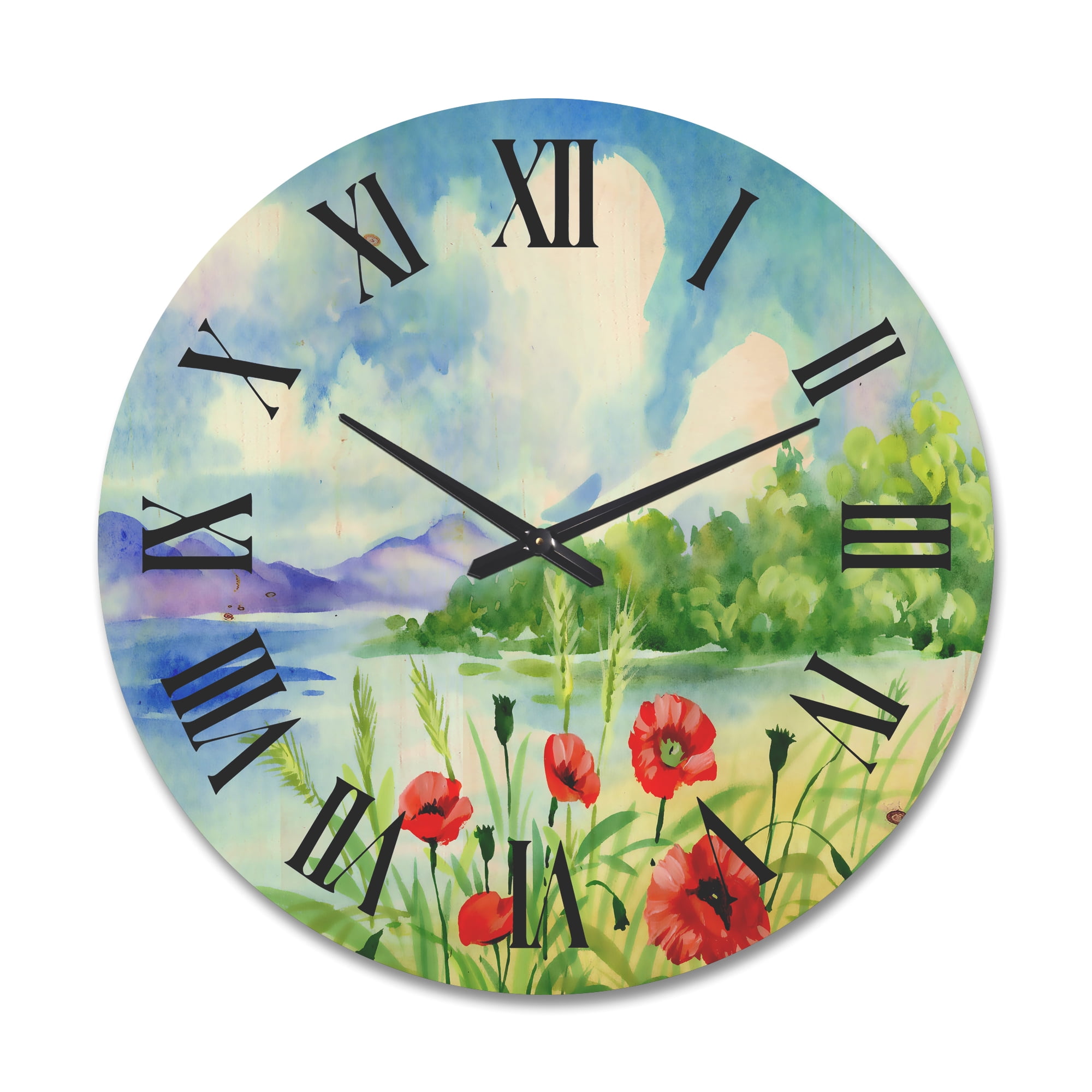 Designart 'Red Tulips On The Bank Near A River Mountain' Lake House Wood Wall Clock