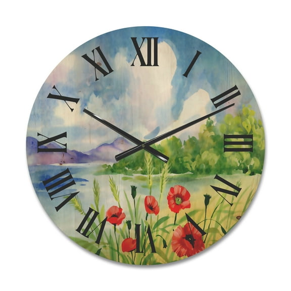 Designart 'Red Tulips On The Bank Near A River Mountain' Lake House Wood Wall Clock